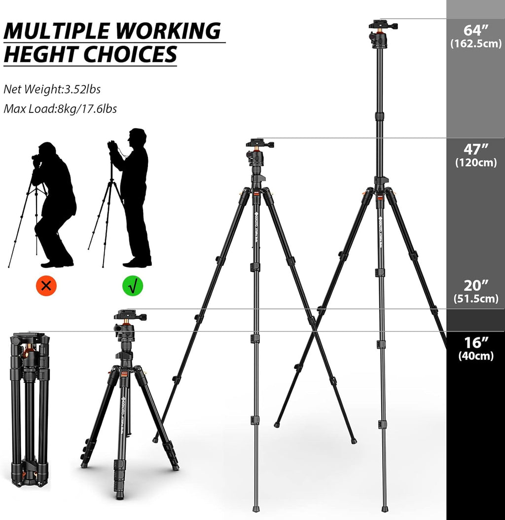 GEEKOTO 64" Camera Tripod, Compact Aluminum Tripod with 360 Degree Panorama Ball Head 1/4 inch Quick Release Plate, DSLR Tripod Suitable for SLR Cameras