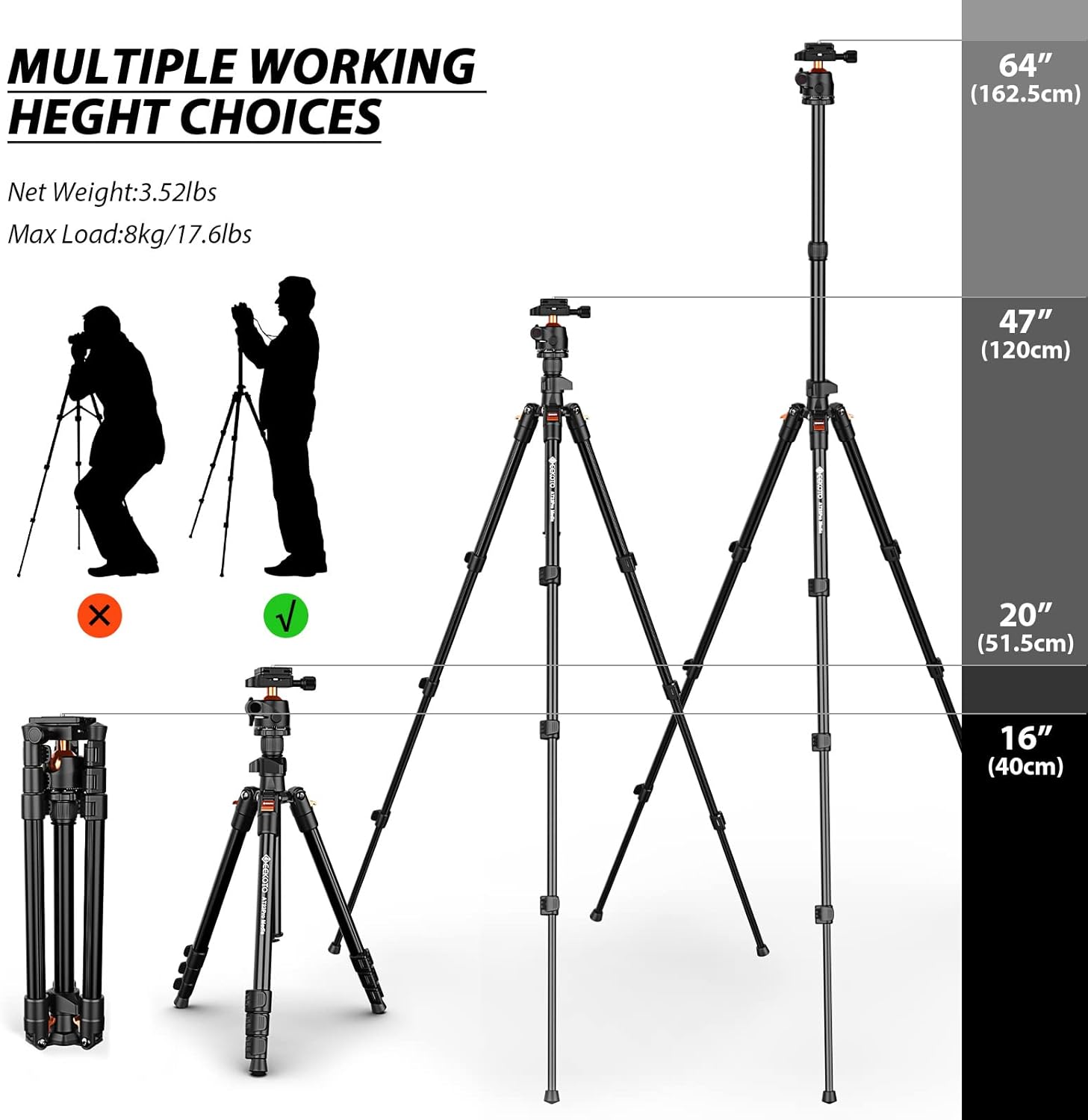 GEEKOTO 64" Camera Tripod, Compact Aluminum Tripod with 360 Degree Panorama Ball Head 1/4 inch Quick Release Plate, DSLR Tripod Suitable for SLR Cameras