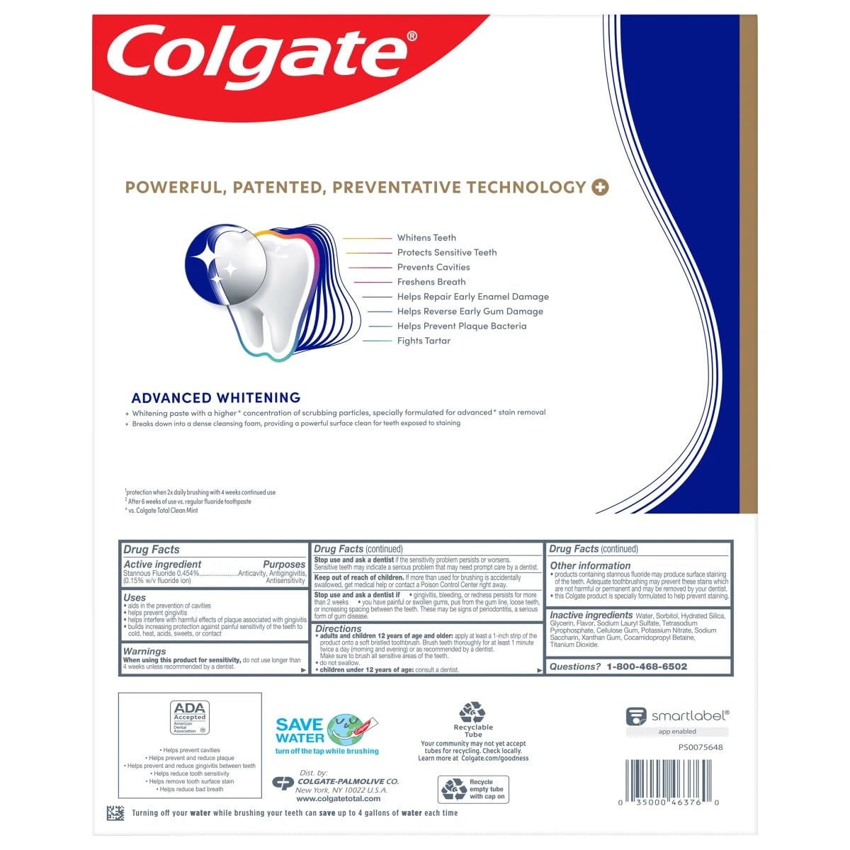 Colgate Total SF Advanced Whitening Toothpaste, 6.4 Ounce (Pack of 5)