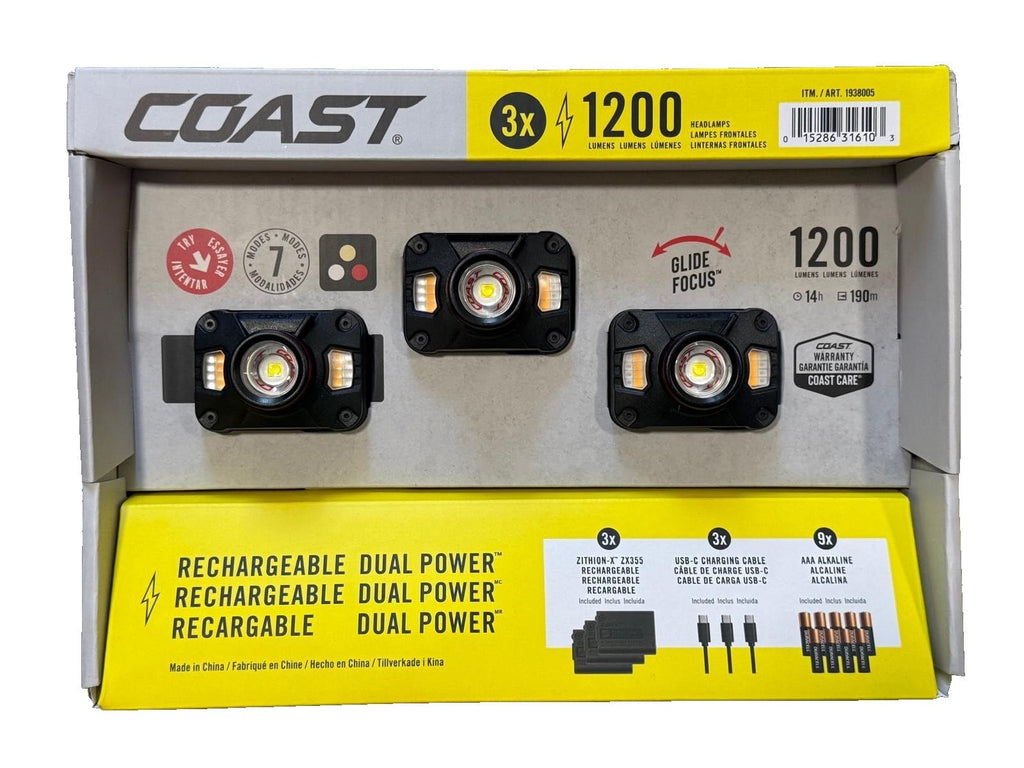 Coast brand 1200mAh rechargeable dual power slide focus LED light kit in its original retail packaging, containing three black slide focus lights with yellow and white LED elements.