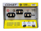 Coast brand 1200mAh rechargeable dual power slide focus LED light kit in its original retail packaging, containing three black slide focus lights with yellow and white LED elements.