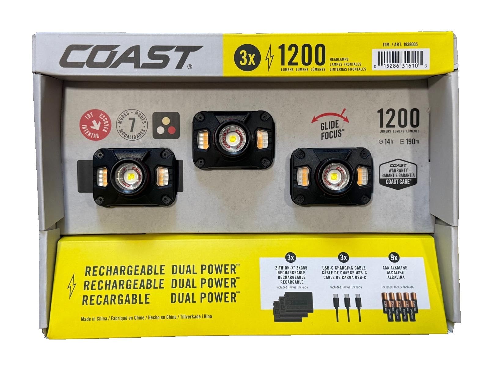 Coast brand 1200mAh rechargeable dual power slide focus LED light kit in its original retail packaging, containing three black slide focus lights with yellow and white LED elements.