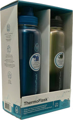 ThermoFlask Stainless Steel Water Bottle, 40 oz, 2-Pack (Silver/Blue Brushed)