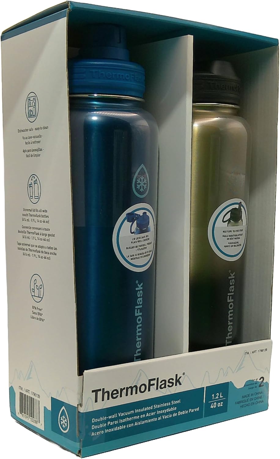 ThermoFlask Stainless Steel Water Bottle, 40 oz, 2-Pack (Silver/Blue Brushed)
