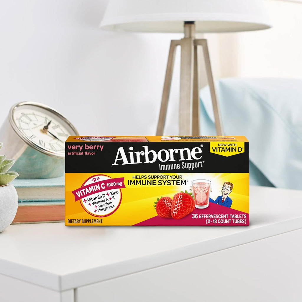 Vitamin C 1000mg (per serving) - Airborne Very Berry Effervescent Tablets (36 count in a box), Gluten-Free Immune Support Supplement, With Vitamins A C E, ZINC, Selenium, Echinacea & Ginger