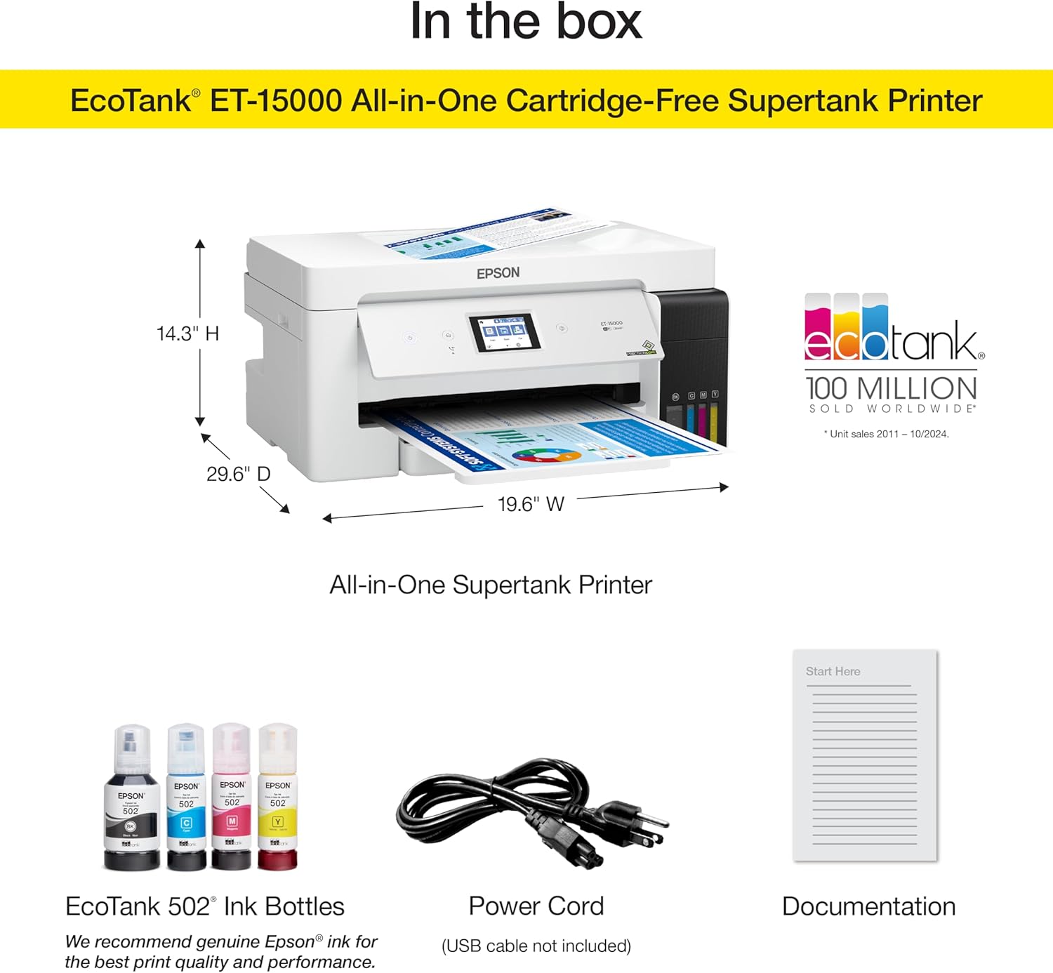 Epson EcoTank ET-15000 Wireless Color All-in-One Supertank Printer with Scanner, Copier, Fax, Ethernet and Printing up to 13 x 19 Inches, White