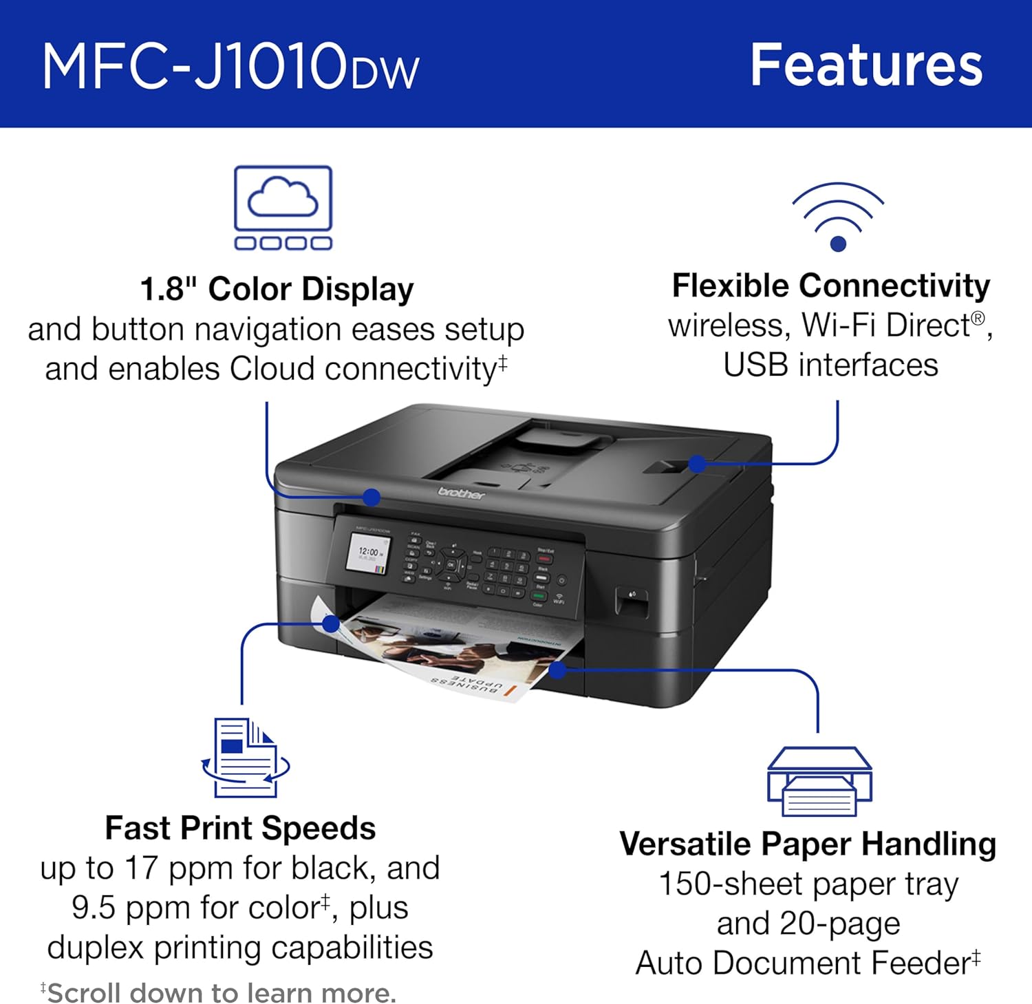 Brother MFC-J1010DW Wireless Color Inkjet All-in-One Printer, Duplex Printing, Mobile & Cloud Print, Compact Design, 1.8" Color Display, Works with Alexa