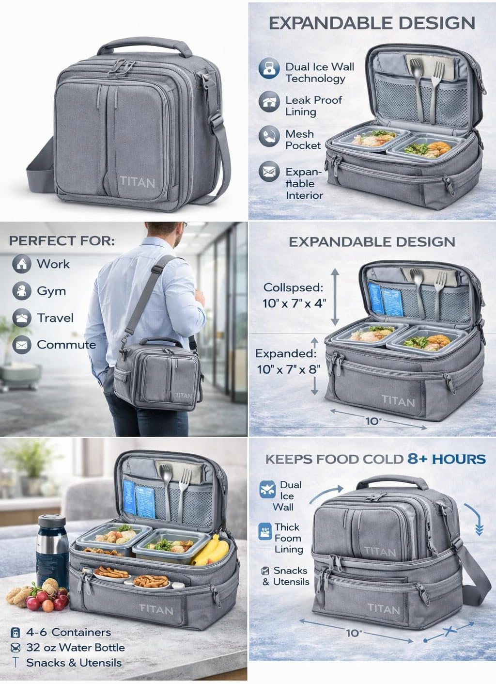 Titan by Arctic Zone Expandable Lunch Box – Insulated, Crush-Resistant Cooler with 2 Ice Walls & Leak-Proof Lining – Meal Prep Bag with Strap & Container for Work & Travel | Black (Pale Frost)