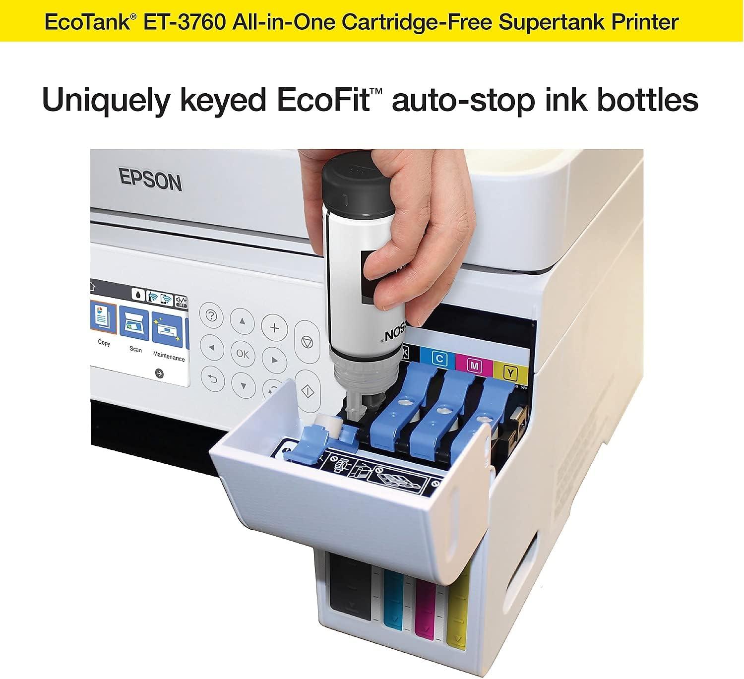 Epson EcoTank ET-3760 Wireless Color All-in-One Cartridge-Free Supertank Printer with Scanner, Copier and Ethernet, Regular