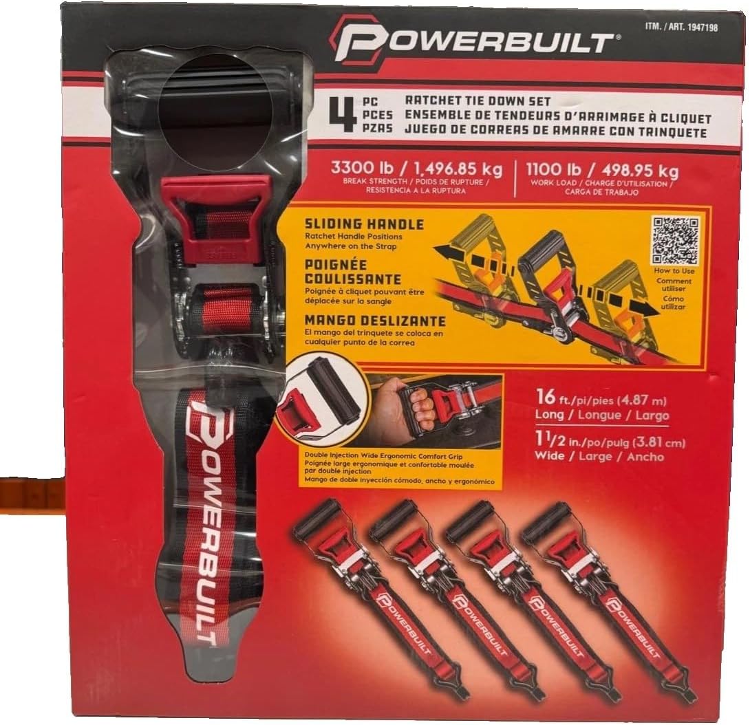 Powerbuilt Ratchet Tie Downs, 4-Piece, 1.5" x 16' | Extra-Wide Cushioned Handles | 1-1/2 in Extra-Wide Straps with Reinforced Edges