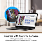 Laptop on a desk with software interface displayed, books in a circle inset.