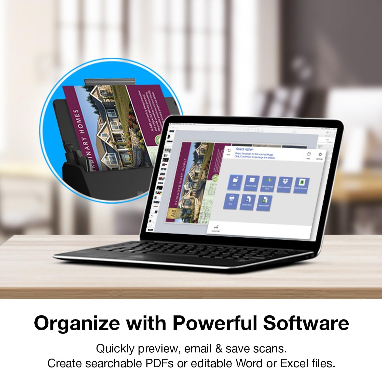 Laptop on a desk with software interface displayed, books in a circle inset.