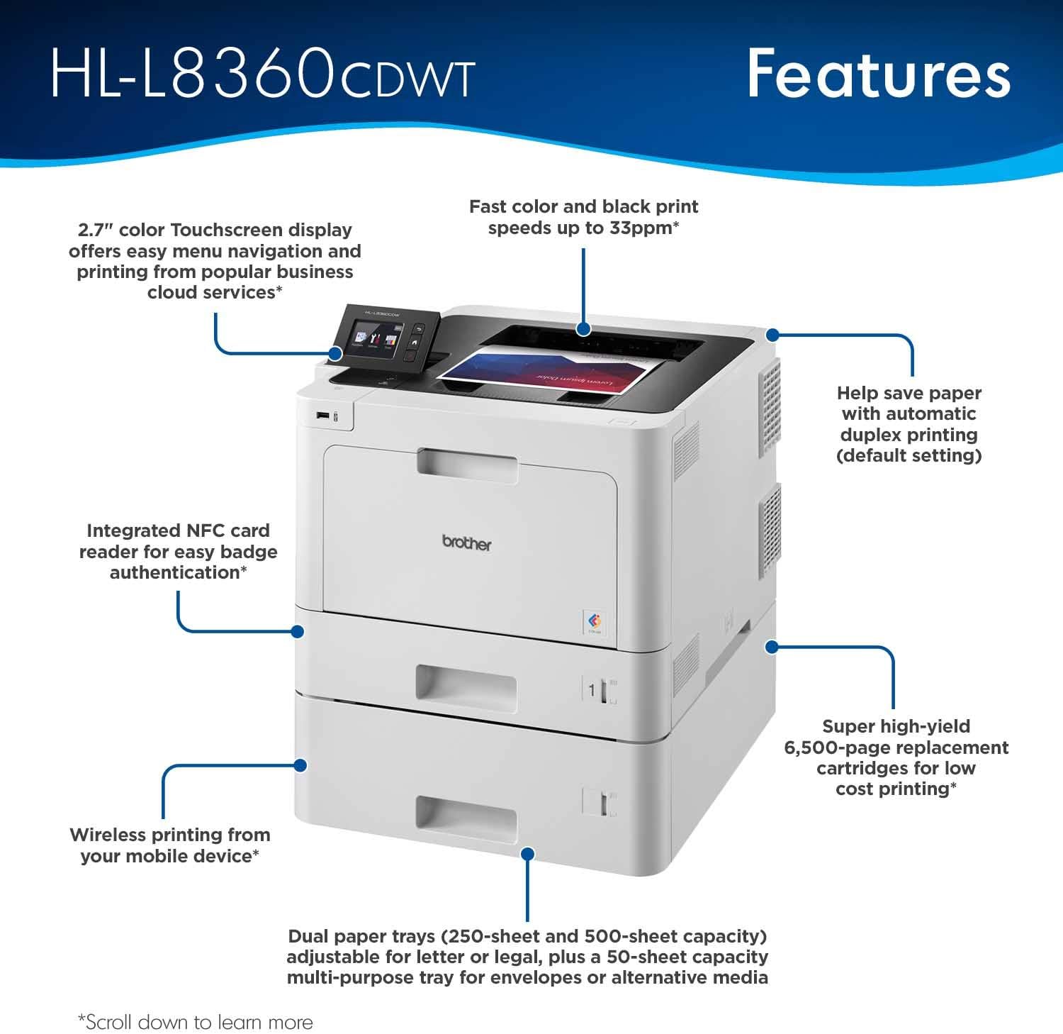 Brother Business Color Laser Printer, HLL8360CDWT, Wireless Networking, Automatic Duplex Printing with Lower Paper Tray,Works with Alexa, White