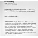 List of active and inactive ingredients on a skincare product label.