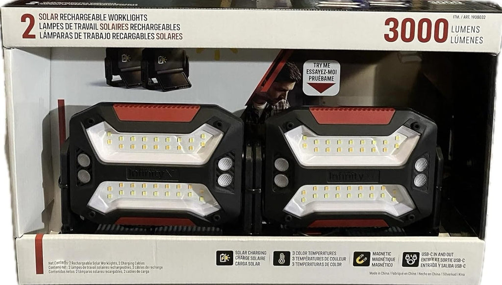 Infinity X1 Solar Rechargeable Worklights, 3000 Lumens, 3 Color Temperatures, Magnetic, USB-C, 360° Adjustable Stand, 2-Pack