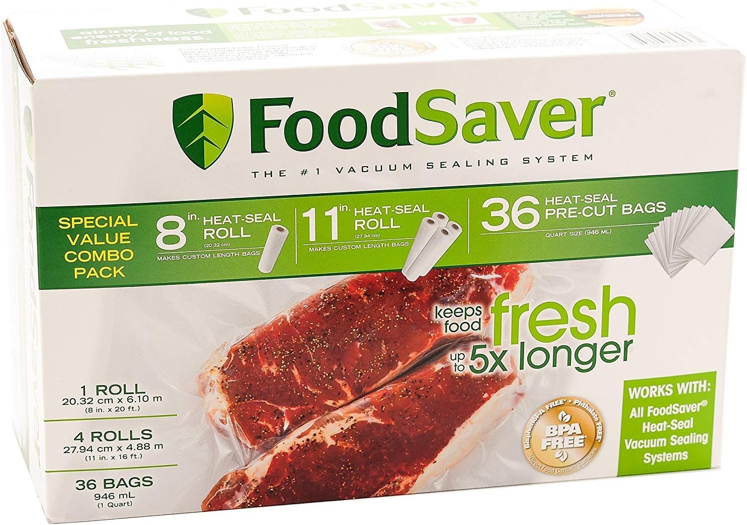 Special Value Combo Pack FoodSaver 8" & 11" Rolls & 36 Heat-Seal Pre-Cut Bags BPA free