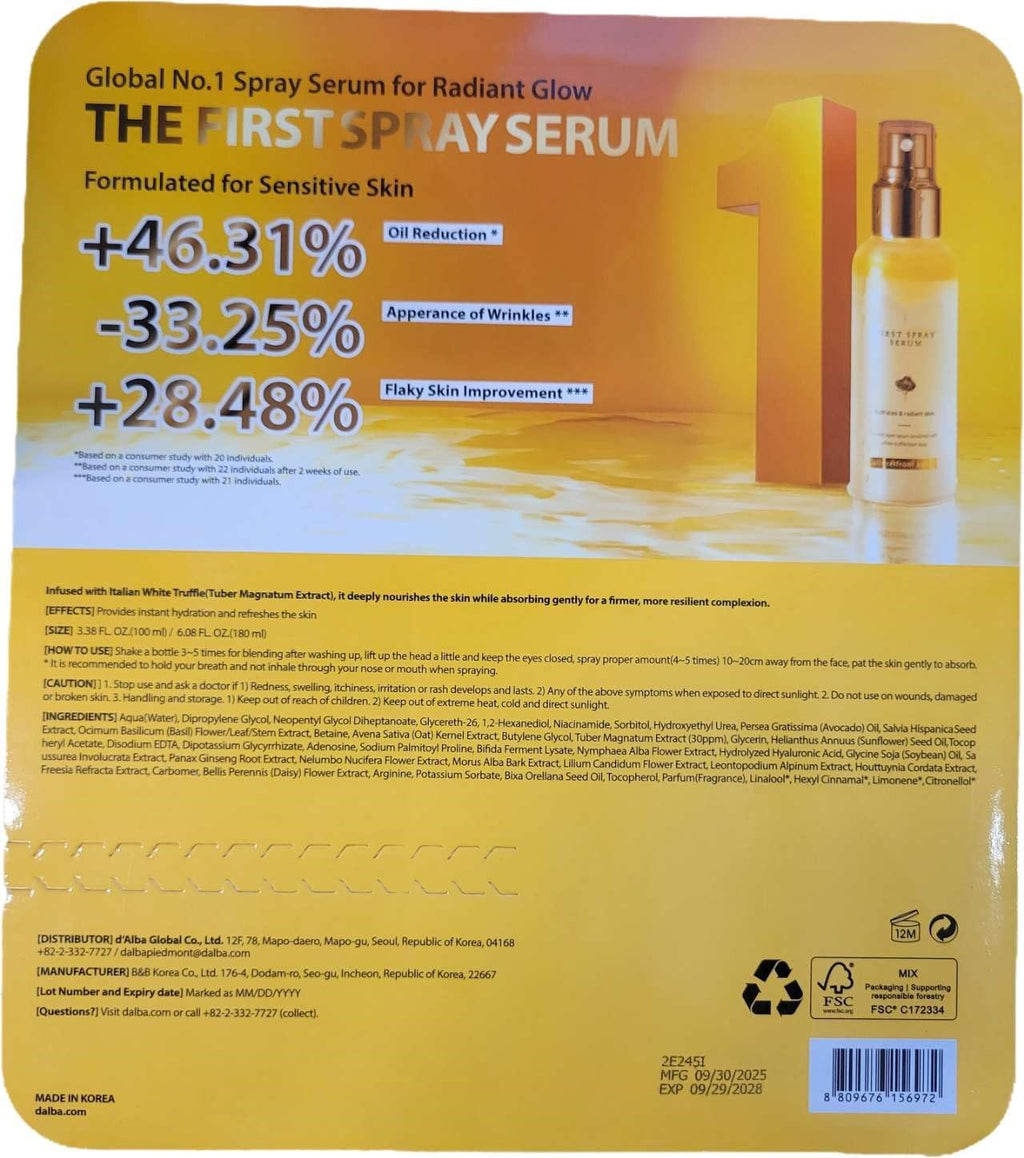 D'Alba Piedmont Italian White Truffle First Spray Serum double formula, Light-weight Face Moisturizer, Glow Serum for Radiant Skin, Non Comedogenic, Korean Skin Care, 2-pack, 3.38 + 6.08 fl oz.