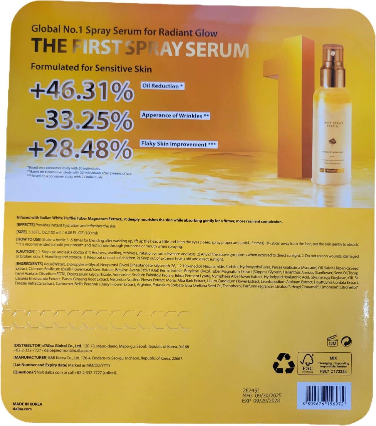 D'Alba Piedmont Italian White Truffle First Spray Serum double formula, Light-weight Face Moisturizer, Glow Serum for Radiant Skin, Non Comedogenic, Korean Skin Care, 2-pack, 3.38 + 6.08 fl oz.