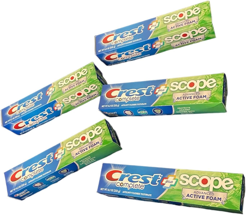 Crest Complete Toothpaste Plus Scope Advanced Active Foam, Striped, 8.2 Ounce (Pack of 5)