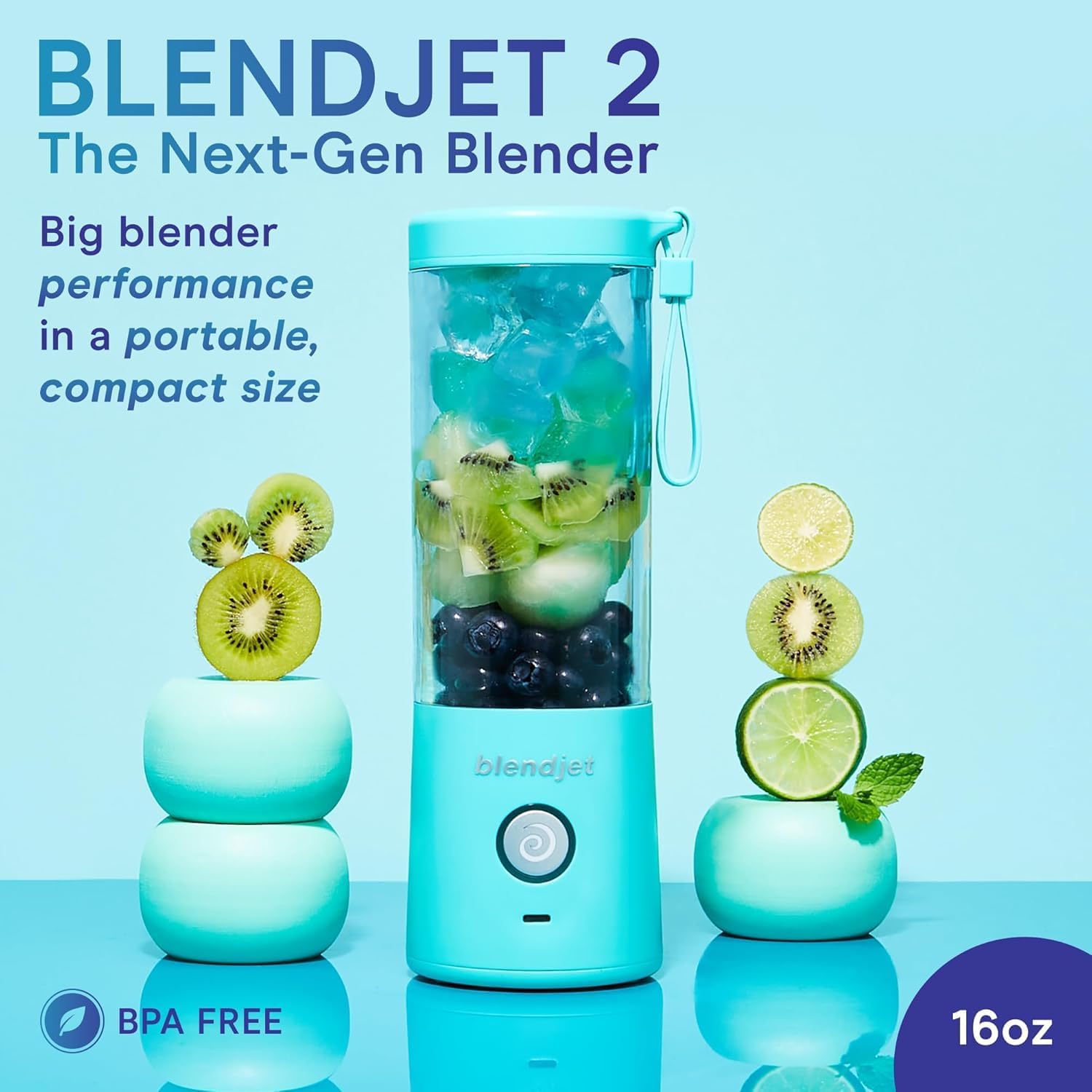 BlendJet 2 Portable Blender for Smoothies & Shakes, New 2024 edition 2 USB-C Rechargeable & Self Cleaning - 2-pack, (1) Mint, 16 oz. (1) Black, 16 oz