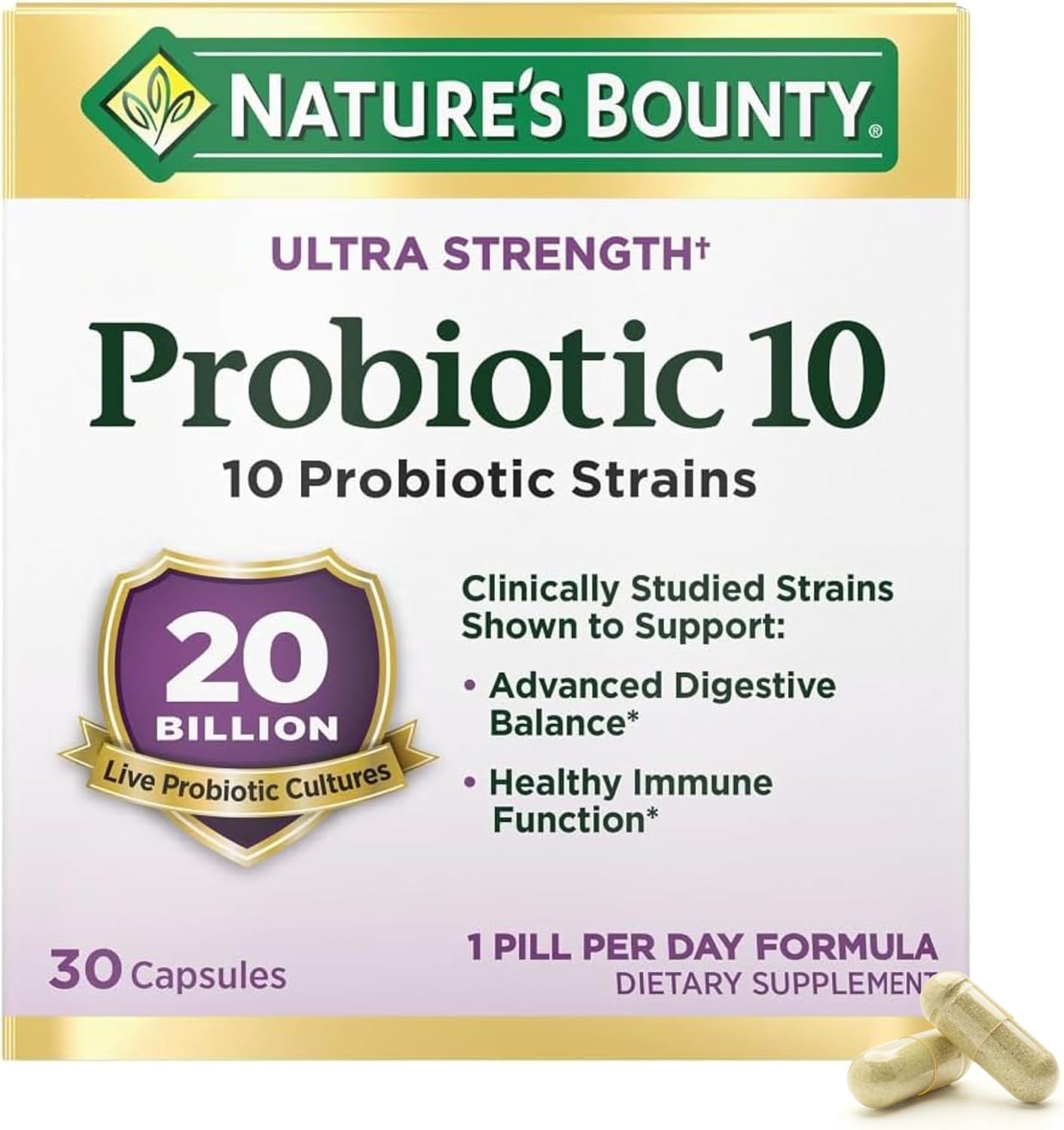 Nature's Bounty Probiotic 10 Daily Probiotic Supplement for Digestive, Immune, and Upper Respiratory Support, Ultra Strength, 30 Capsules 1 Pack