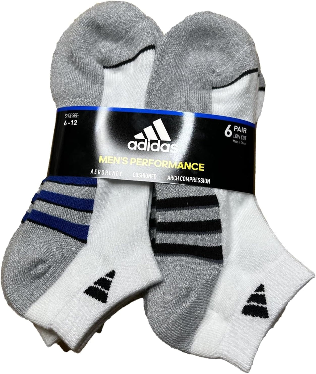 Adidas Performance Aeroready Cushioned Low Cut Socks for Men and Women, Men's Shoe Size 6-12, White - Gray with Blue/Black Stripes (6 pairs Total)