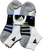 Adidas Performance Aeroready Cushioned Low Cut Socks for Men and Women, Men's Shoe Size 6-12, White - Gray with Blue/Black Stripes (6 pairs Total)