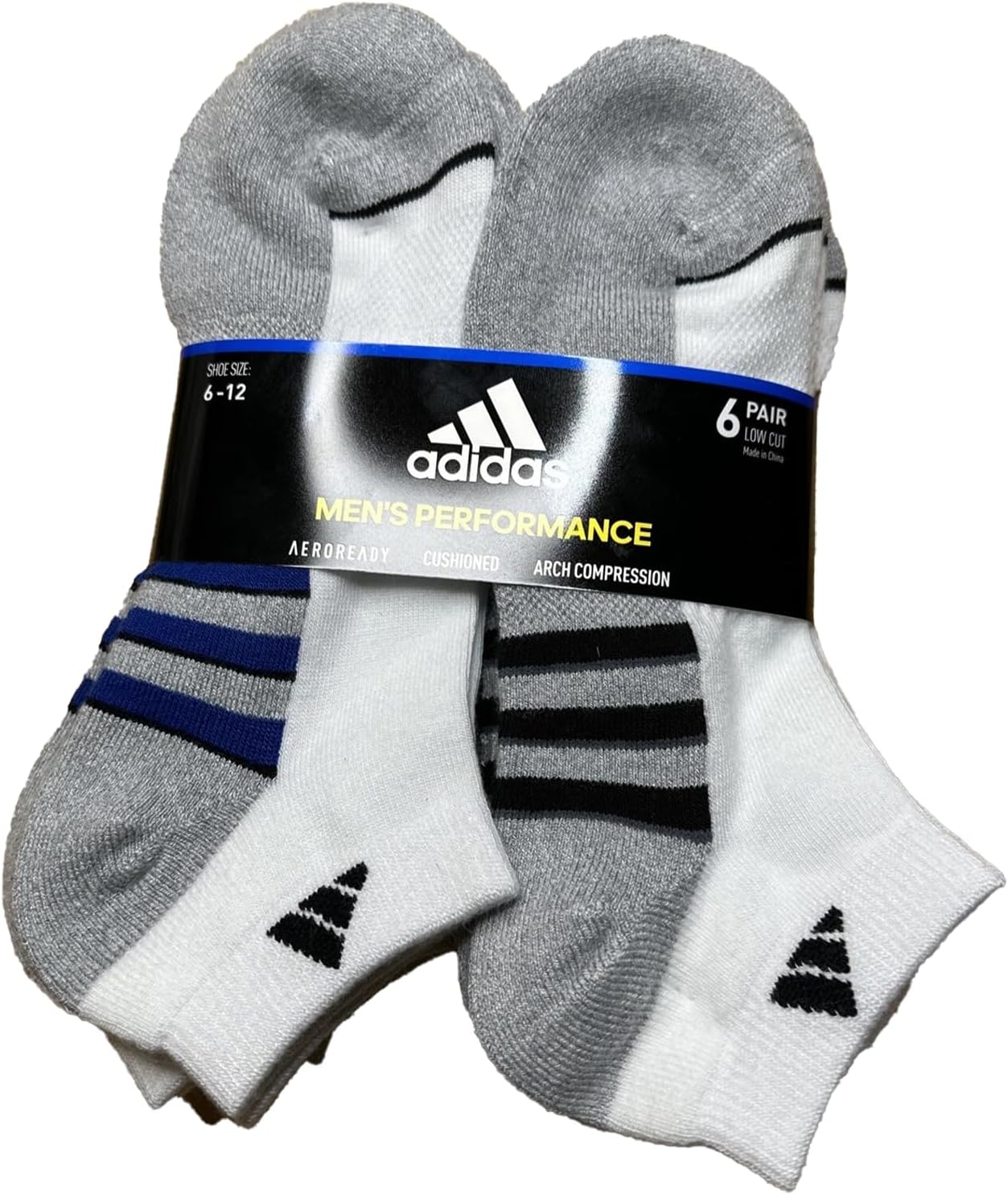 Adidas Performance Aeroready Cushioned Low Cut Socks for Men and Women, Men's Shoe Size 6-12, White - Gray with Blue/Black Stripes (6 pairs Total)