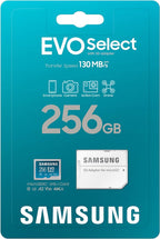 Samsung EVO Select 256GB microSD card packaging with blue background