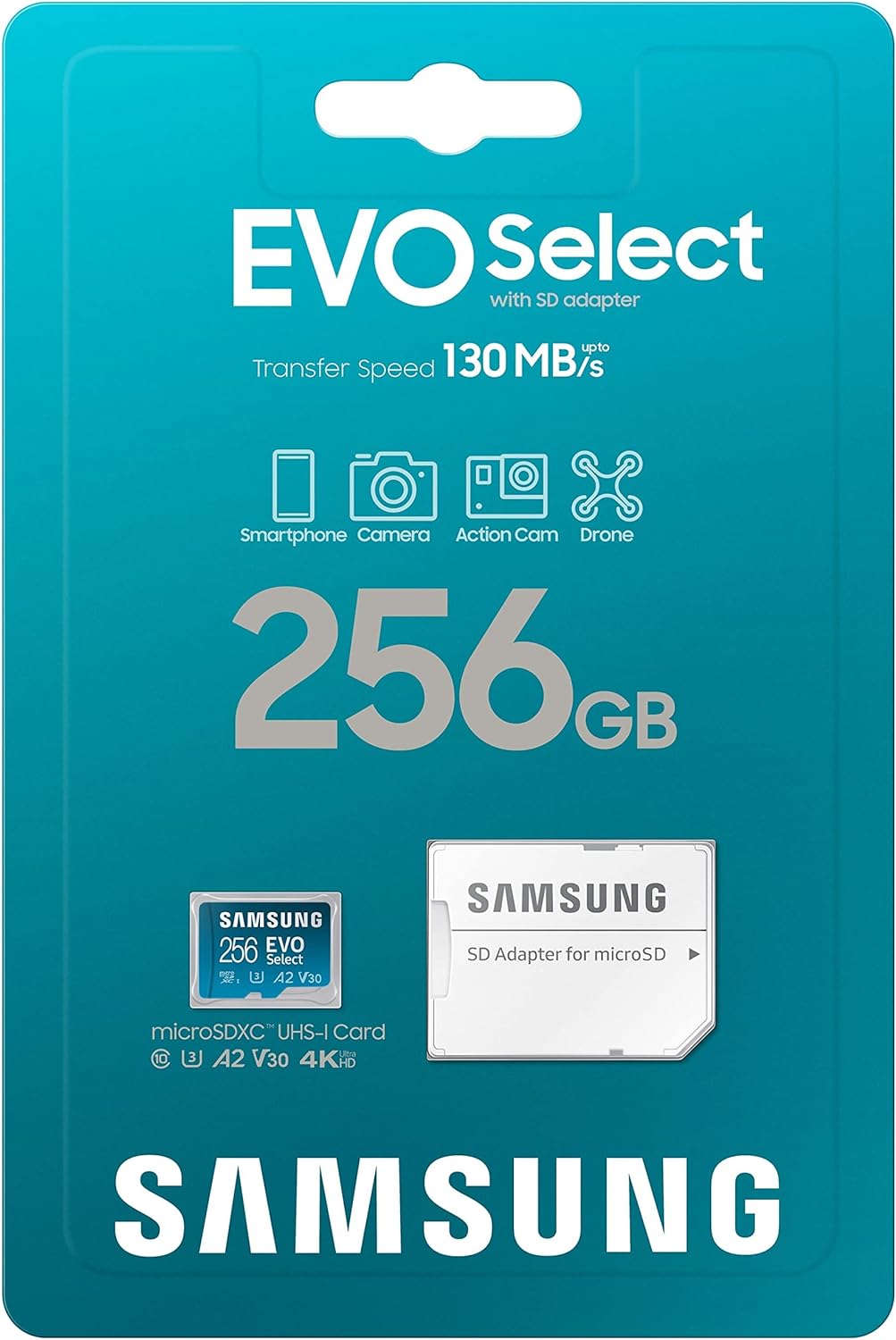 Samsung EVO Select 256GB microSD card packaging with blue background