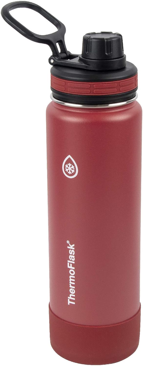 ThermoFlask Bottle with Spout Lid - Stainless Steel Water Bottles with Double-Wall Insulation & BPA-Free Spout Lids - Leak-Proof Reusable Bottles & Lids - 24 oz, Firecracker / Shadow (2 Pack)
