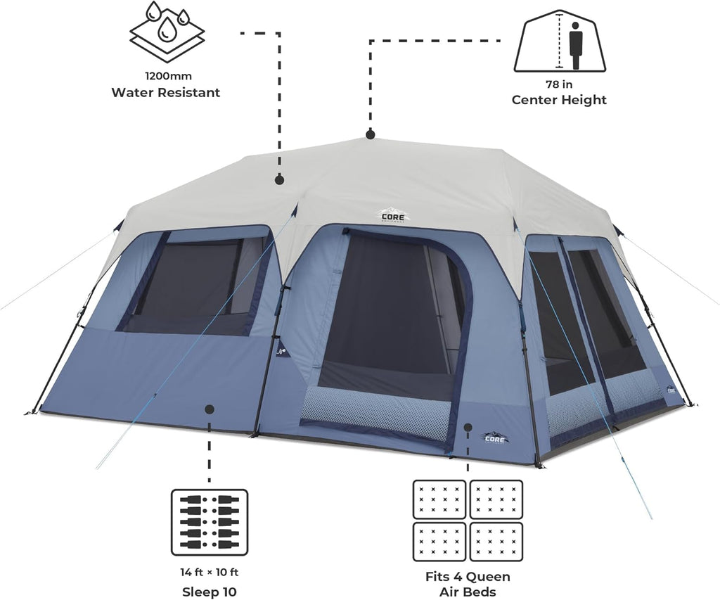 CORE 10 Person Instant Cabin Tent | Large Multi Room Family Pop Up Tent for 2 Minute Camp Setup | Included Storage Pockets for Camping Accessories
