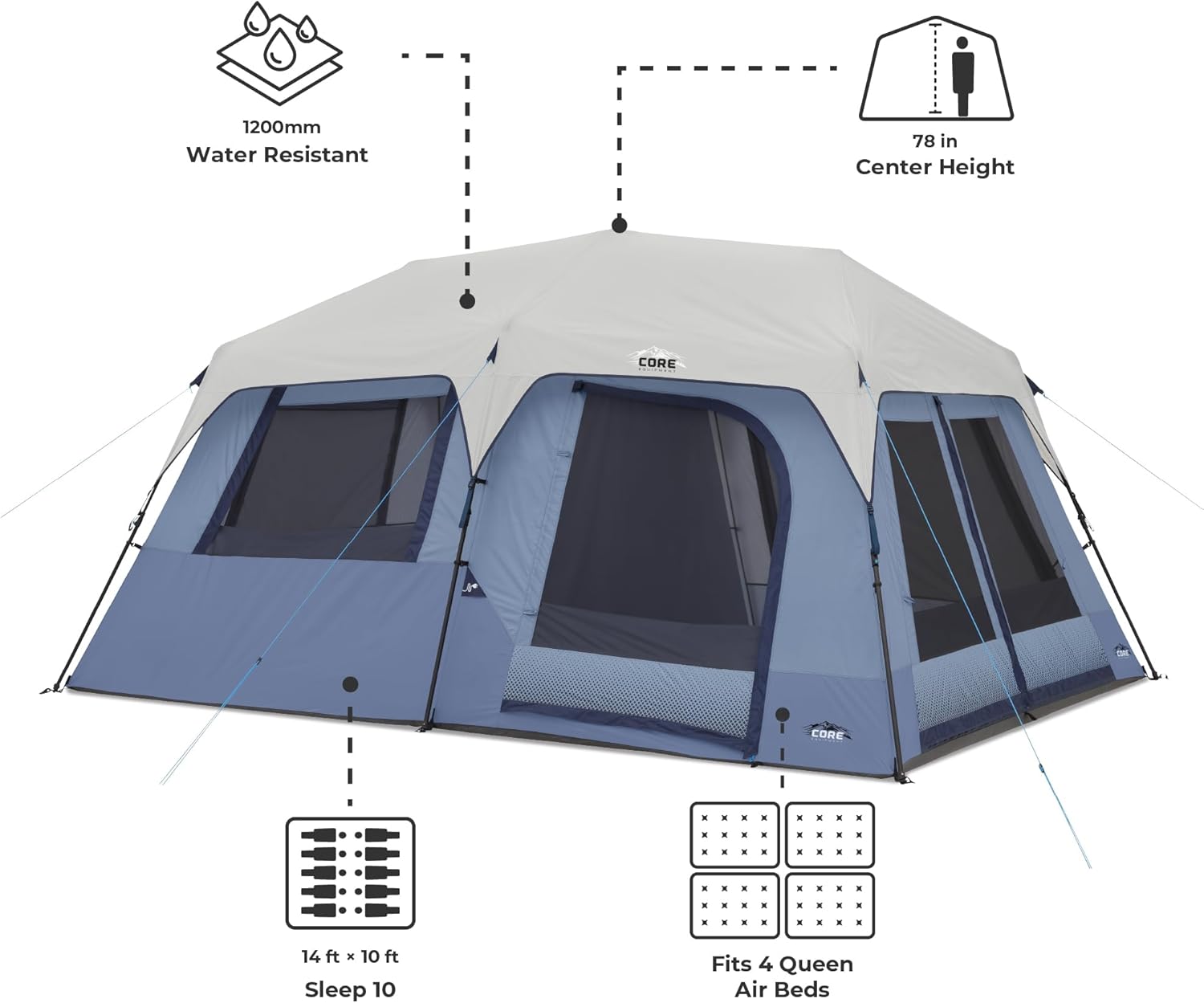 CORE 10 Person Instant Cabin Tent | Large Multi Room Family Pop Up Tent for 2 Minute Camp Setup | Included Storage Pockets for Camping Accessories