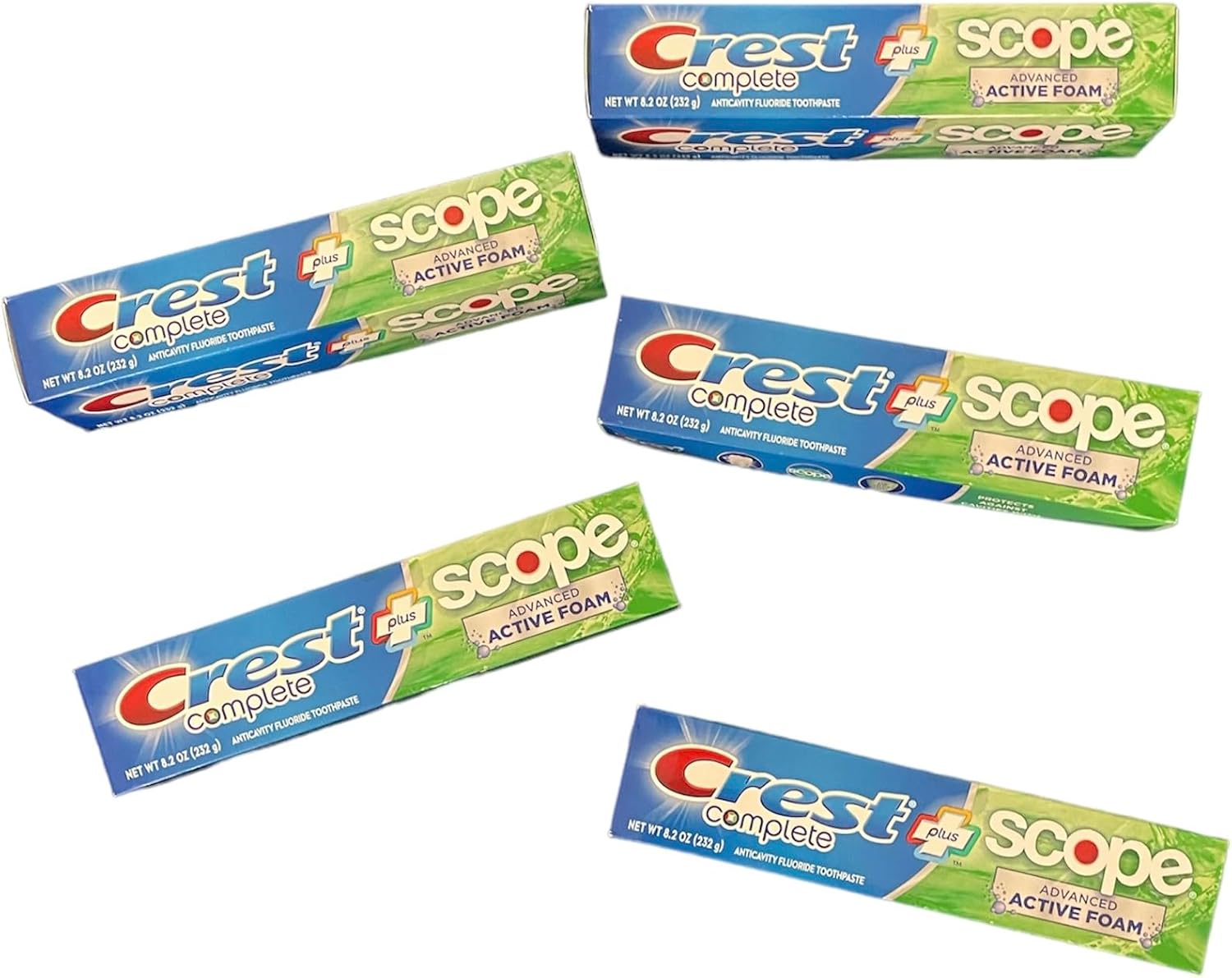 Crest Complete Toothpaste Plus Scope Advanced Active Foam, Striped, 8.2 Ounce (Pack of 5)
