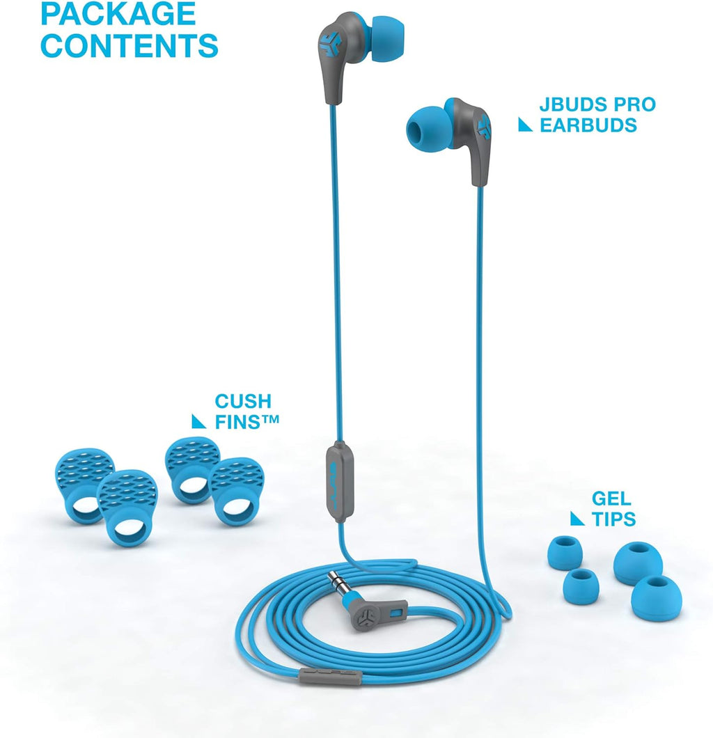 JLab JBuds Pro Signature Earbuds, Titanium 10mm Drivers, Music Controls, Universal Mic, Custom Fit with Cush Fins, Blue