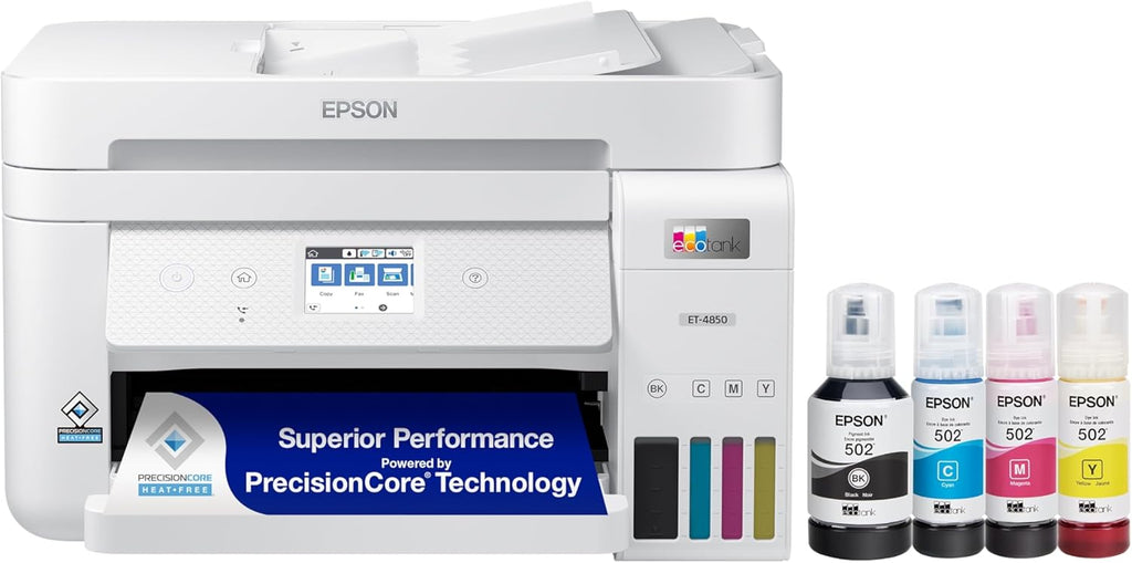 Epson EcoTank ET-4850 Wireless All-in-One Cartridge-Free Supertank with Scanner Copier, Fax, ADF and Ethernet, The Printer Office Printer - White