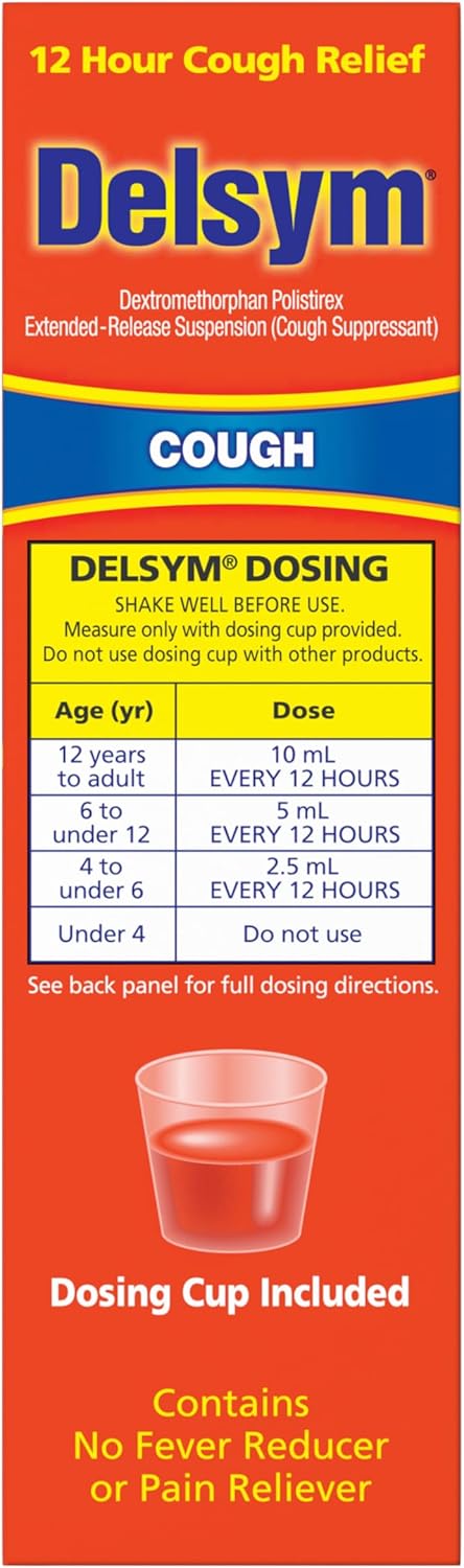 Delsym 12 Hour Cough Medicine for Adults, Powerful Relief for 12 Hours, Cough Suppressant Liquid with Extended-Release Dextromethorphan, Orange Flavor Liquid Cough Syrup, 5 Fl Oz (Pack of 1)