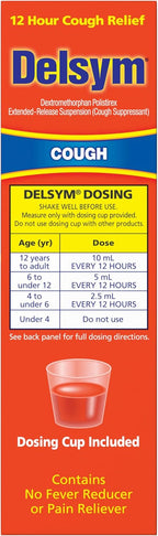 Delsym 12 Hour Cough Medicine for Adults, Powerful Relief for 12 Hours, Cough Suppressant Liquid with Extended-Release Dextromethorphan, Orange Flavor Liquid Cough Syrup, 5 Fl Oz (Pack of 1)