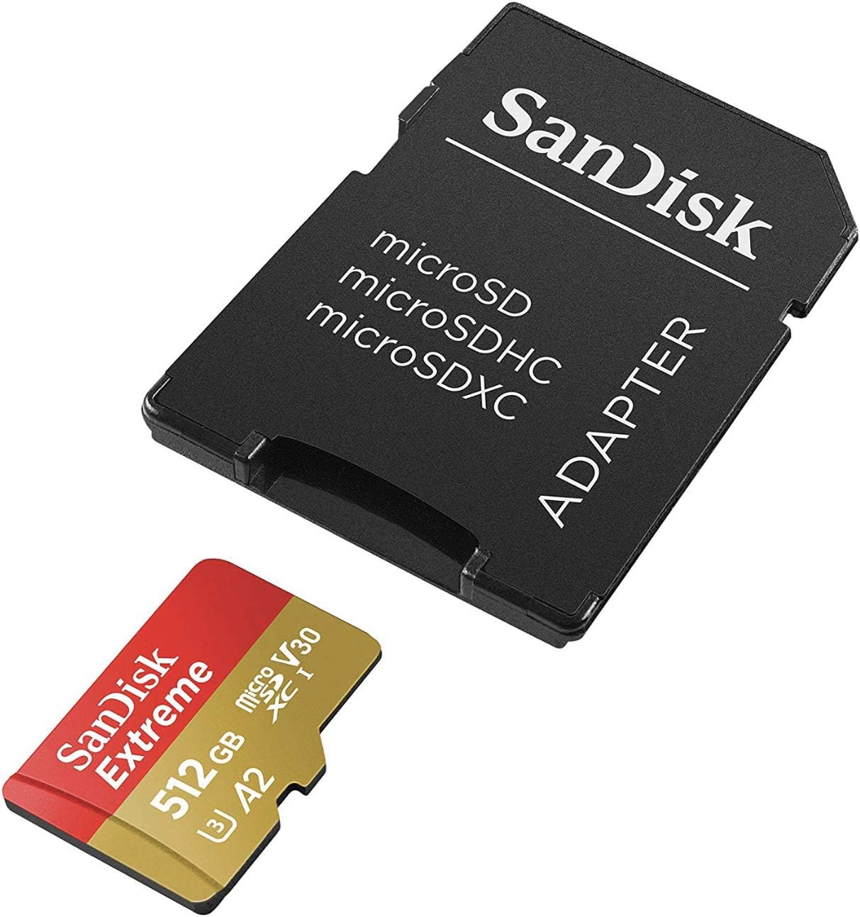 SanDisk microSD card with adapter on a white background