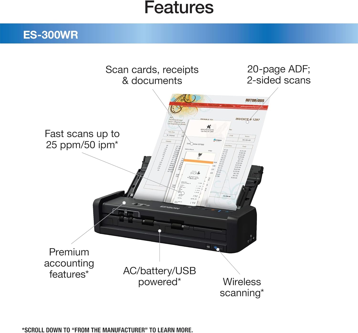 Epson ES-300WR Wireless Color Portable Duplex Document Scanner Accounting Edition for PC and Mac Auto Doc Feeder (ADF)