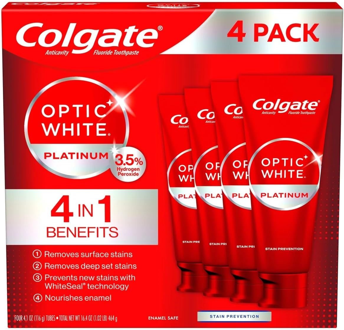 Colgate Optic White Platinum toothpaste 4-pack packaging