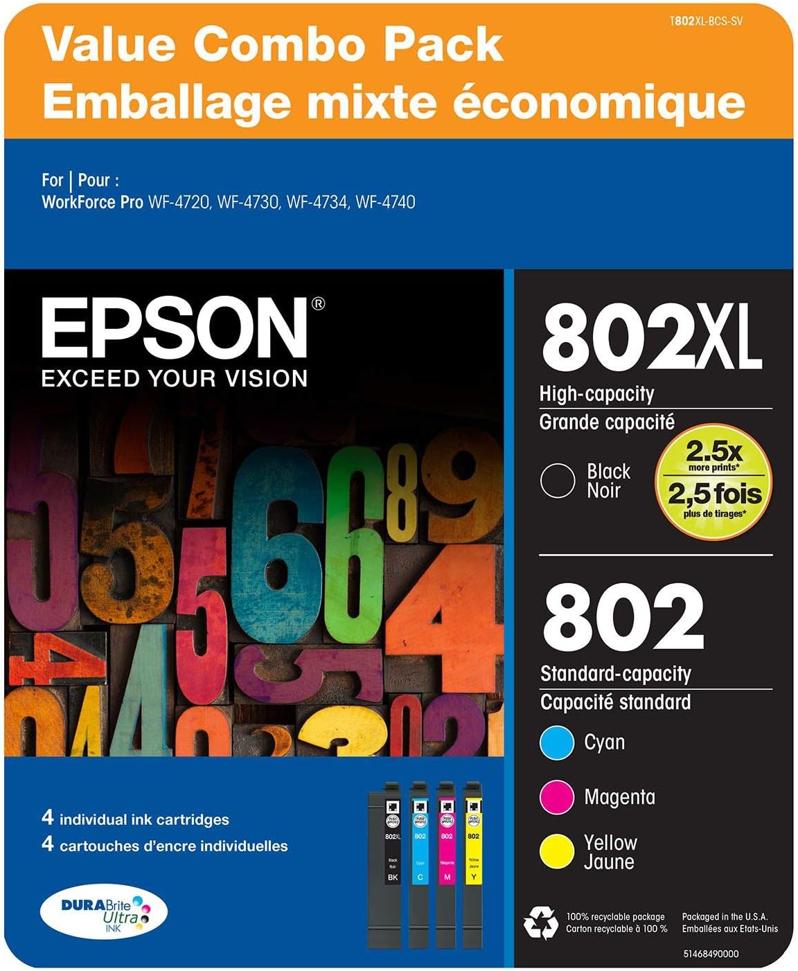 Epson 802 XLBlack 802 Standard Color Ink 4 Piece Value Pack DURABrite Ultra