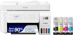 Epson printer with ink bottles on a white background