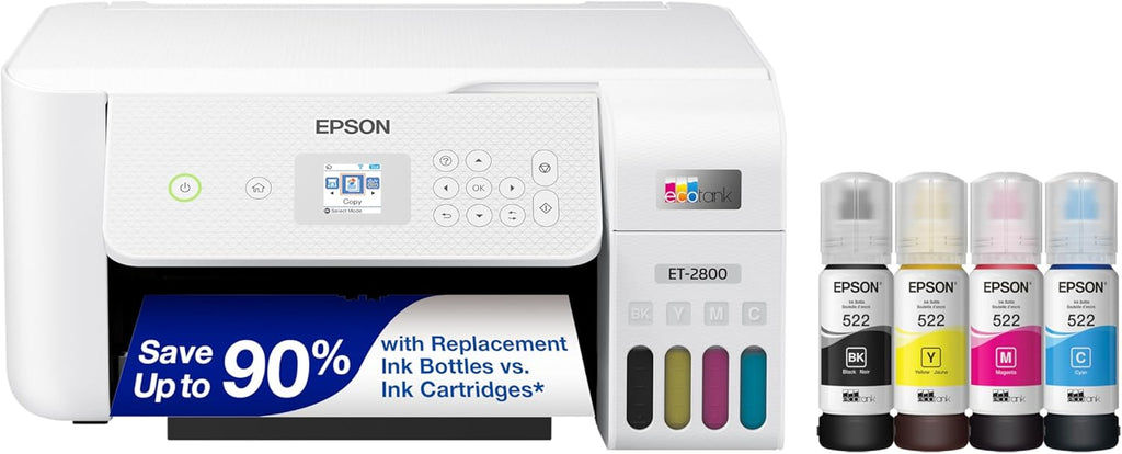 Epson EcoTank ET-2800 Wireless Color All-in-One Cartridge-Free Supertank with Scan and Copy, The Ideal Basic Home Printer - White