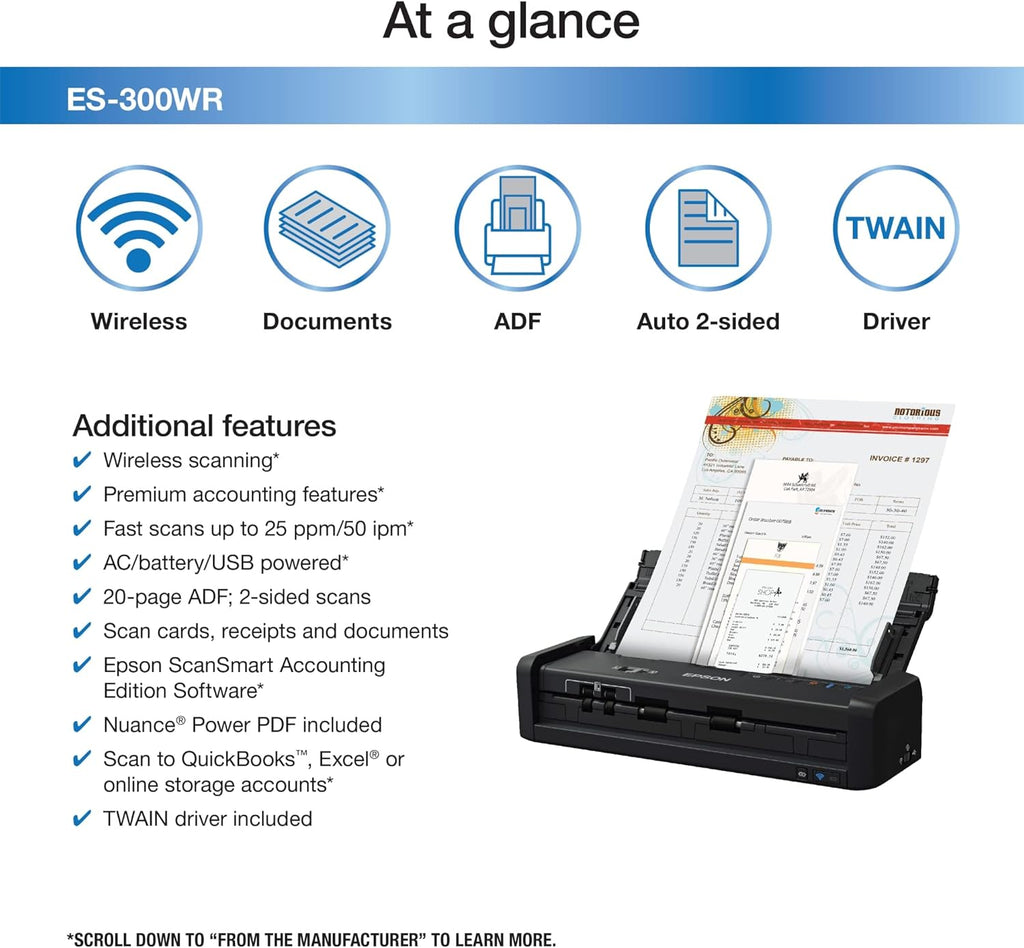 Epson ES-300WR Wireless Color Portable Duplex Document Scanner Accounting Edition for PC and Mac Auto Doc Feeder (ADF)