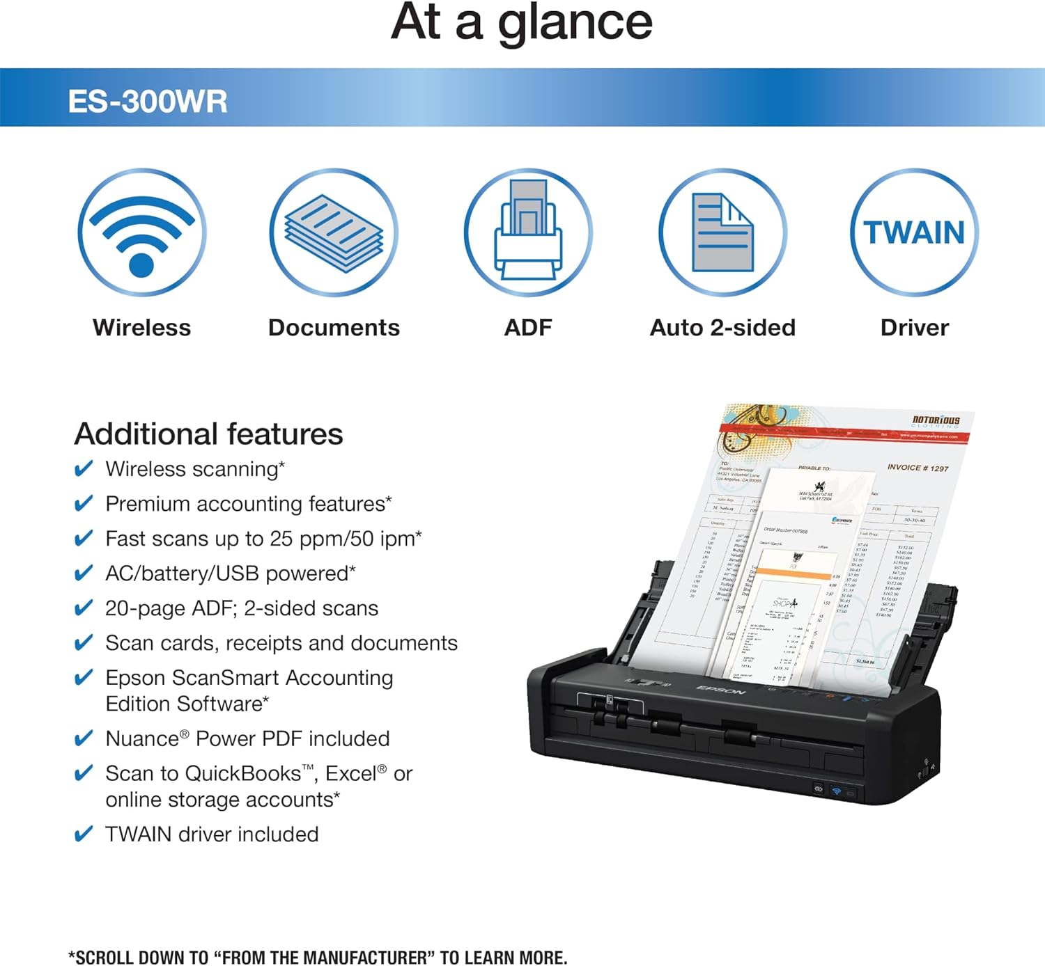 Epson ES-300WR Wireless Color Portable Duplex Document Scanner Accounting Edition for PC and Mac Auto Doc Feeder (ADF)