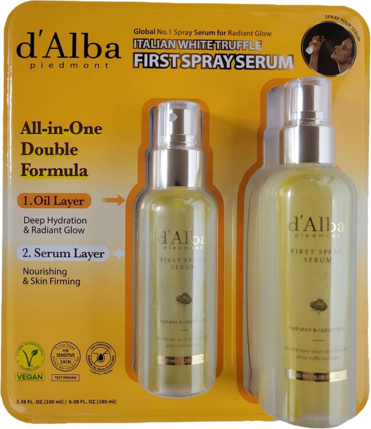 D'Alba Piedmont Italian White Truffle First Spray Serum double formula, Light-weight Face Moisturizer, Glow Serum for Radiant Skin, Non Comedogenic, Korean Skin Care, 2-pack, 3.38 + 6.08 fl oz.