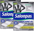 Two packages of Salonpas Lidocaine 4% Pain Relieving Gel-Patch with visible branding.
