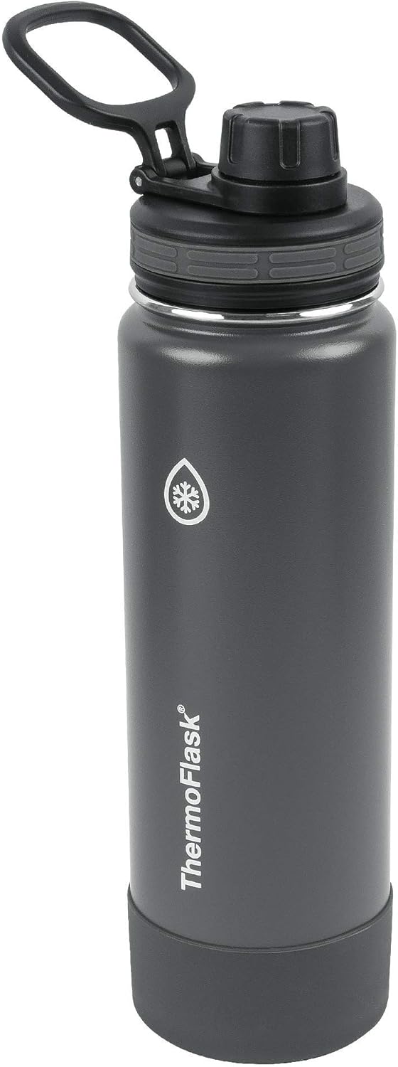 ThermoFlask Bottle with Spout Lid - Stainless Steel Water Bottles with Double-Wall Insulation & BPA-Free Spout Lids - Leak-Proof Reusable Bottles & Lids - 24 oz, Firecracker / Shadow (2 Pack)