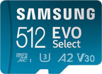 Samsung EVO Select 512GB microSD card with specifications on a blue background